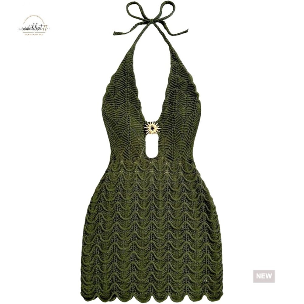 Boho Mini Dress with Metal Decor, Deep V Halter Neck, and Tie Back